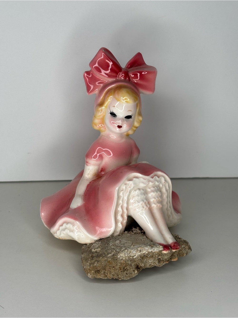 Vintage Mid Century Lefton Pink Big Bow Girl Figurine H4038